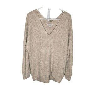 Barefoot Dreams CozyChic Lite V-Neck Seamed Pullover Light Beige Hi-Lo Hem XL